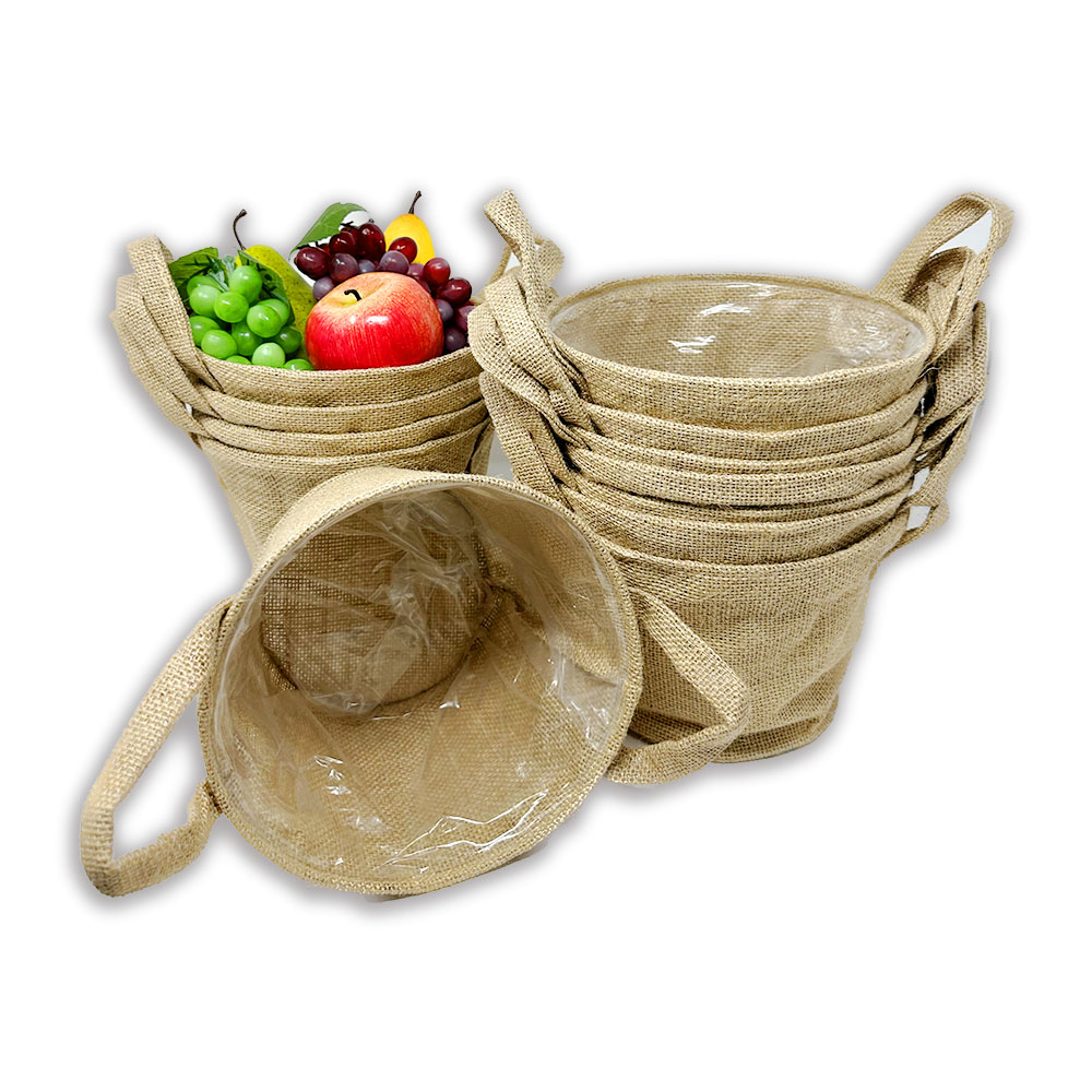 12 Pack - Natural Small Jute Round Handle Bag Wire Top Rim - 7in